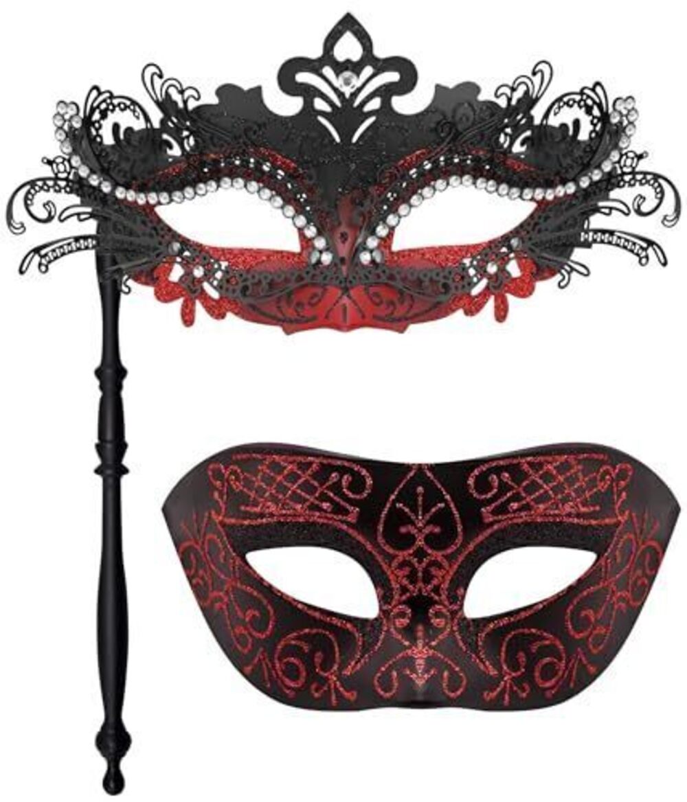 7798 Couple Masquerade Masks with Stick Metal Venetian Mask on a Stick